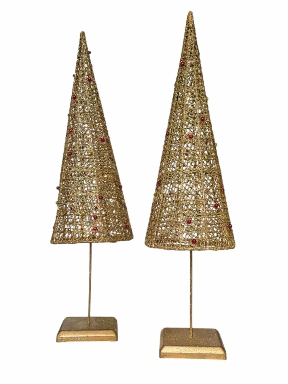 Set of 2 Crate and Barrel Metallic Gold Wire Cone Tabletop Christmas Trees 19”